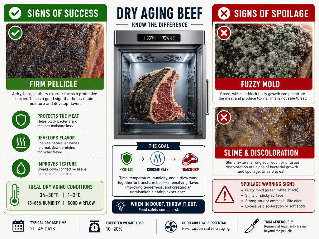 Dry aging meat troubleshooting guide comparing safe pellicle to spoiled mold and slime.