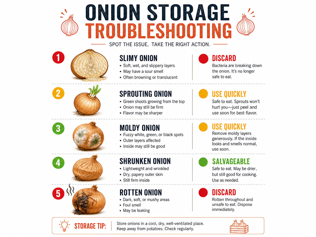 Diagnostic chart for common onion storage problems and their solutions.