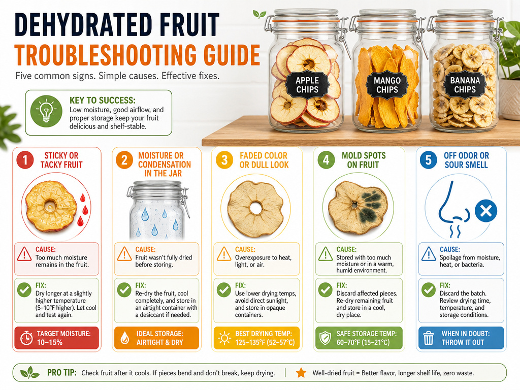 Troubleshooting guide for common dehydrated fruit storage problems