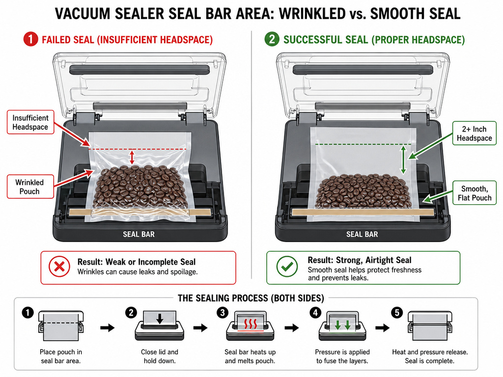 Diagram comparing causes of failed versus successful vacuum sealer bag seals