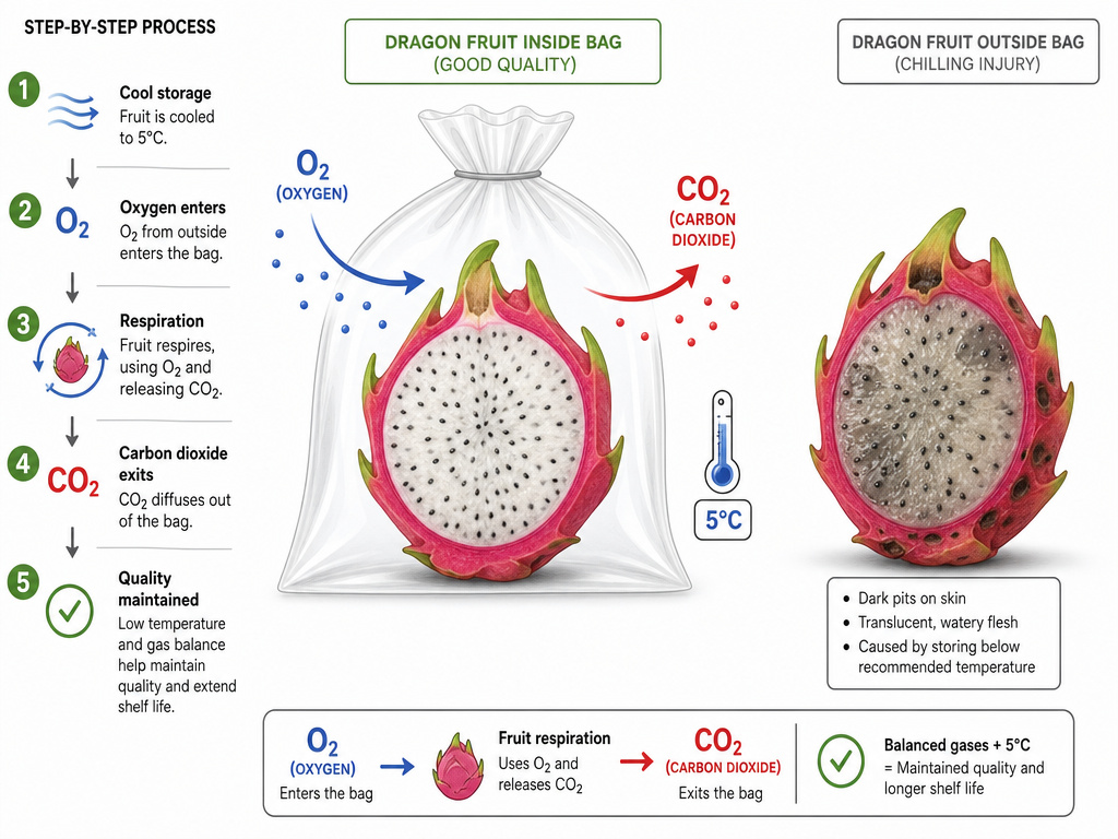 Diagram of modified atmosphere packaging protecting dragon fruit from chilling injury.