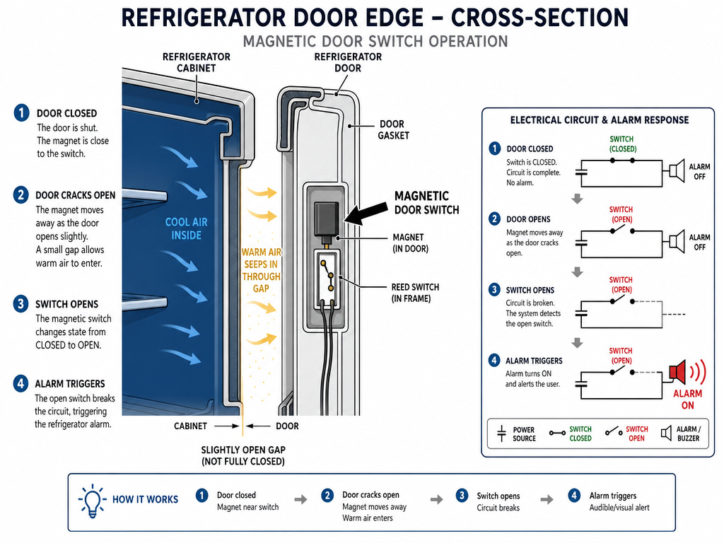 Diagram of refrigerator door alarm system and magnetic switch triggering.