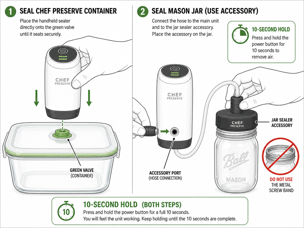 Diagram for using Chef Preserve vacuum sealer with containers and Mason jars.