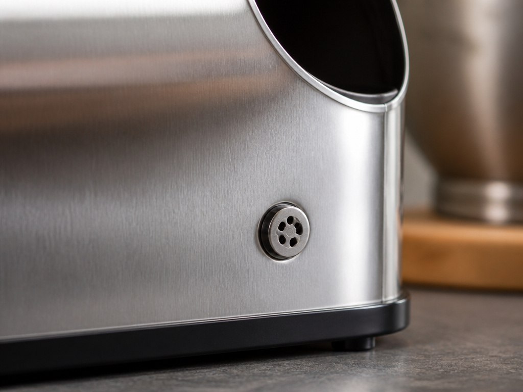 Close-up of an adjustable ventilation hole on a modern bread box for proper storage.