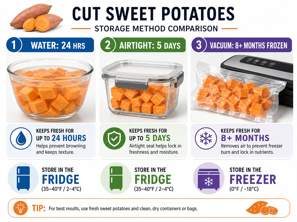 Comparison of water, airtight, and vacuum sealing methods for storing cut sweet potatoes.