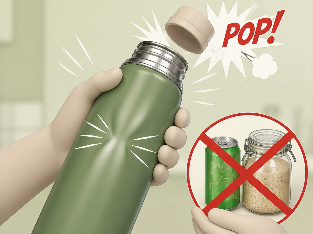 Cartoon of a thermos under pressure with prohibited carbonated items crossed out.