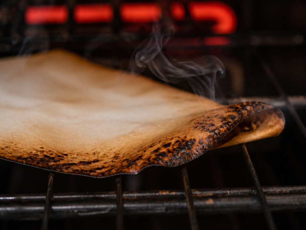 Freezer paper scorching and smoking inside a hot kitchen oven.
