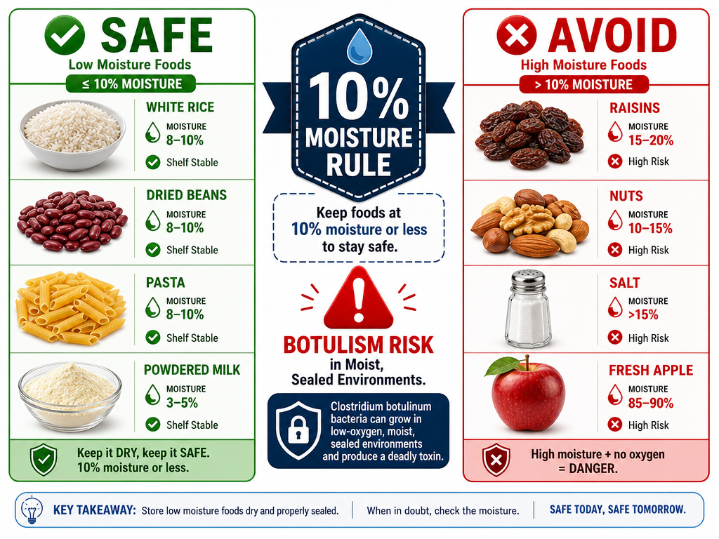 Infographic showing safe and unsafe foods for long-term storage in Mylar bags.