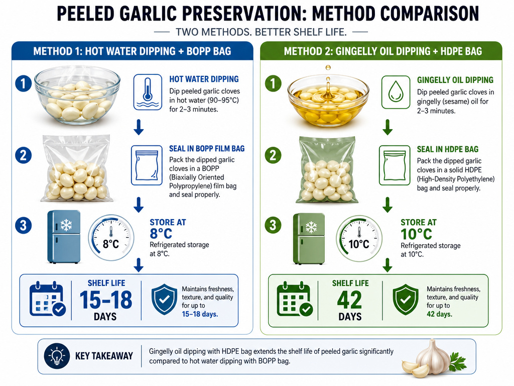 Comparison chart of hot water and oil pretreatment methods for storing peeled garlic.