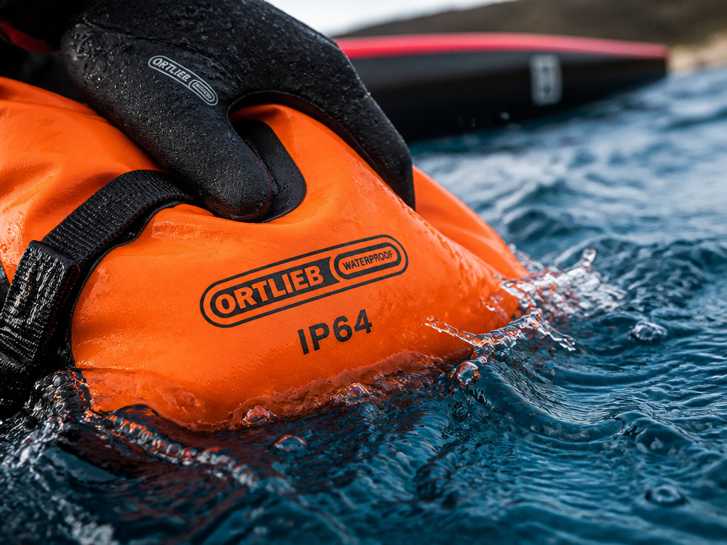 Close-up of an IP64-rated dry bag being tested for waterproof immersion.