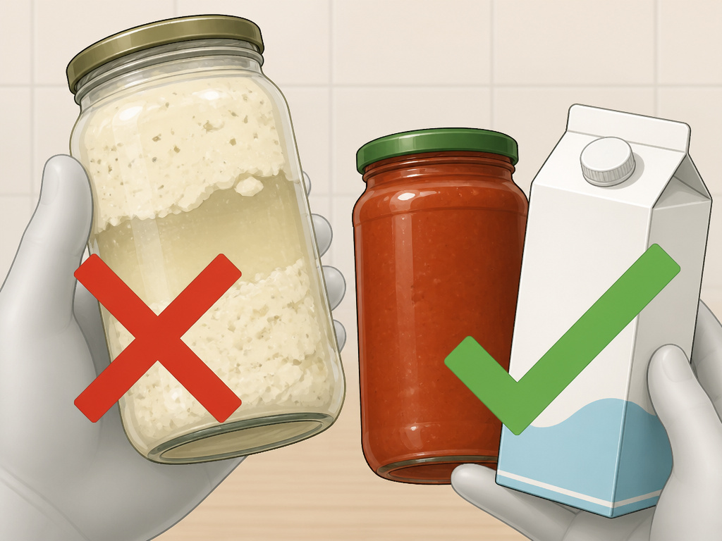 Cartoon showing jarred Alfredo sauce separating after freezing versus adapting with plain tomato base.