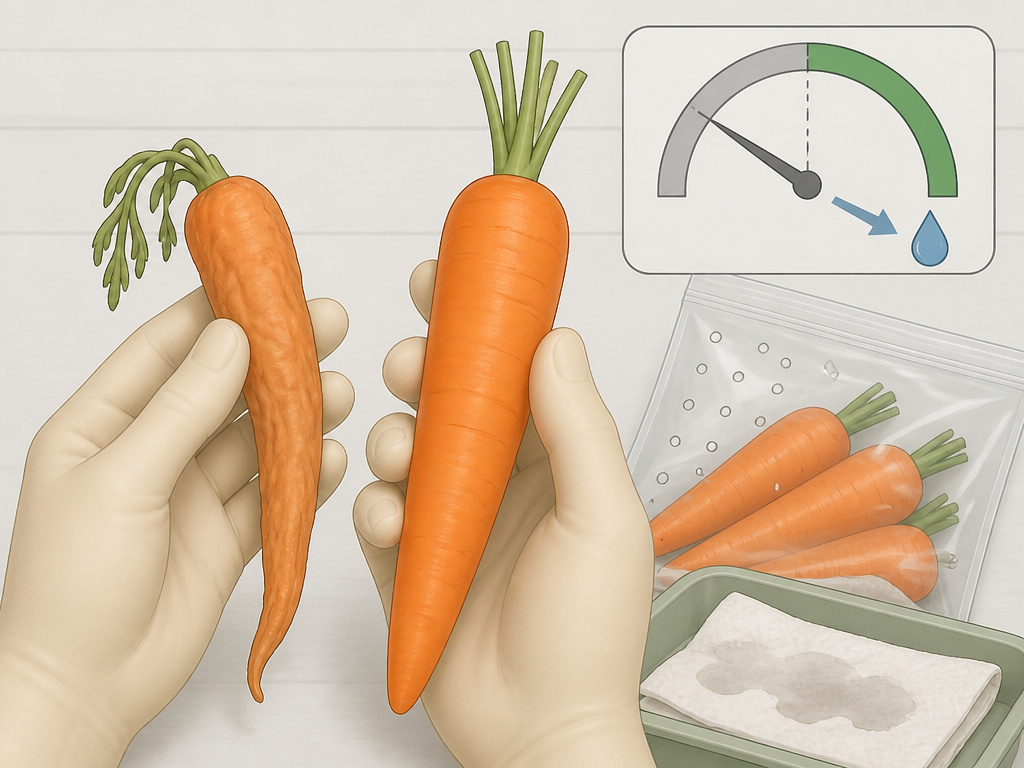Diagnosing limp carrots from low humidity versus a firm carrot in long-term storage.