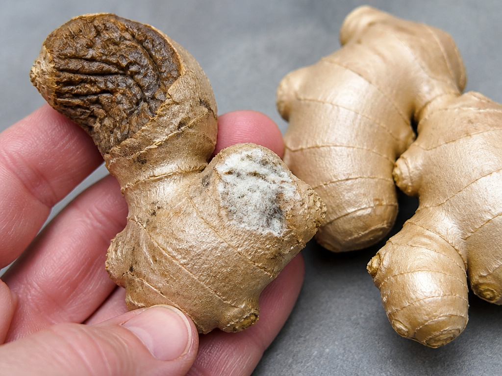 Close-up comparison of shriveled and moldy ginger root next to fresh ginger.