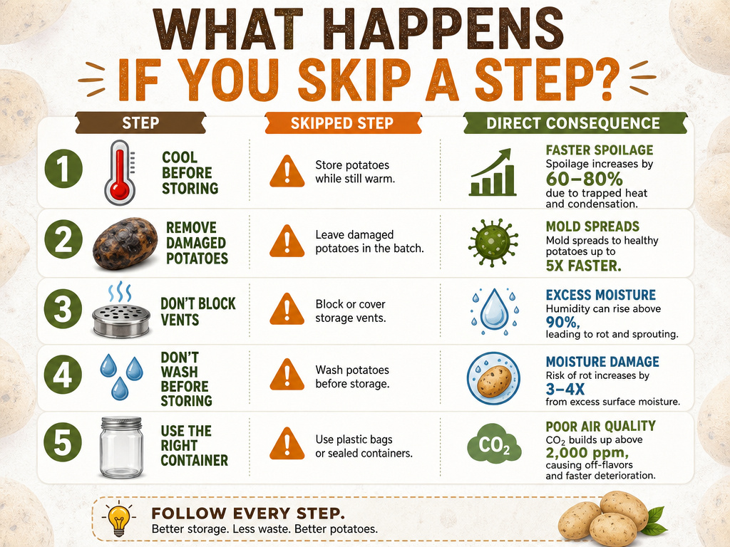 Infographic on consequences of skipping steps in canning potatoes.