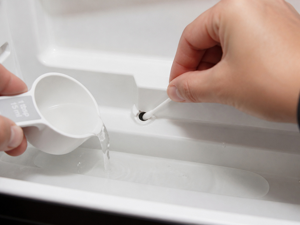 Clearing a clogged drain hole in an automatic defrost mini fridge.