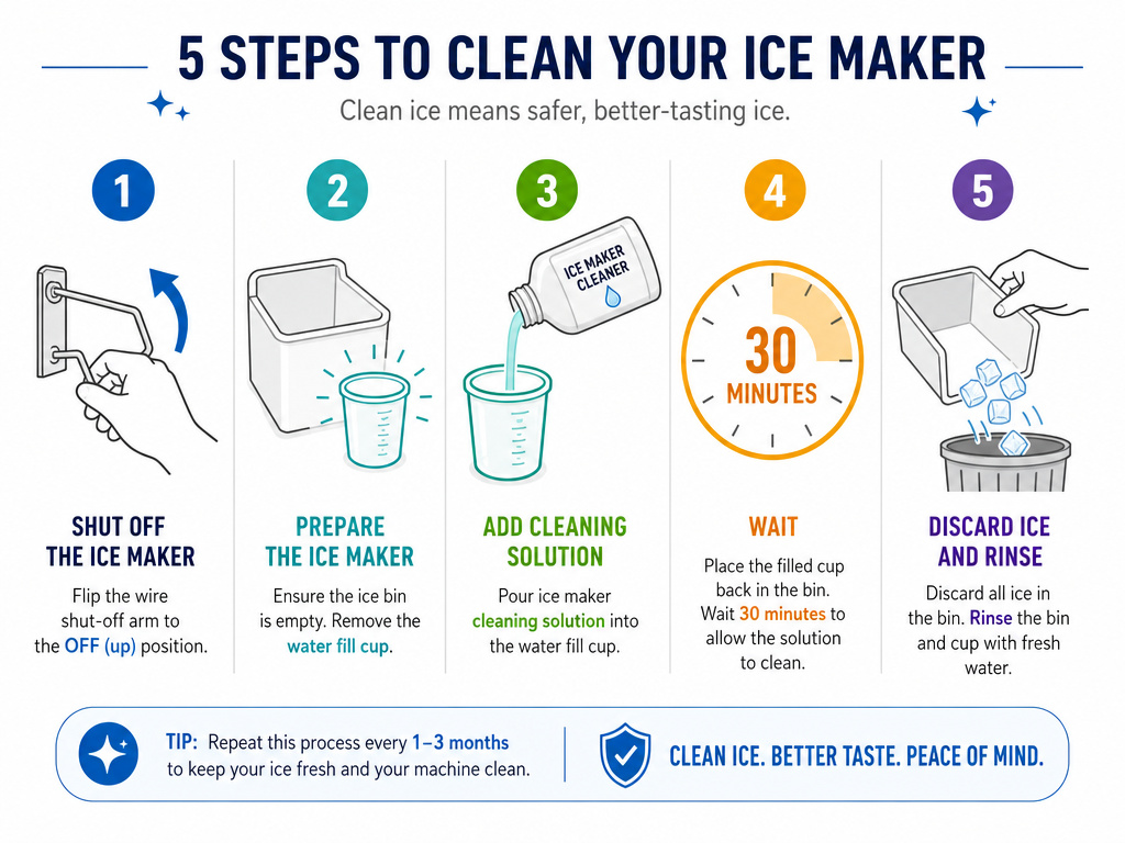 Manual ice maker cleaning steps for freezers without a clean button.
