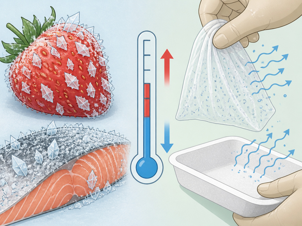 Cartoon diagram showing causes of freezer burn on vulnerable foods and packaging.