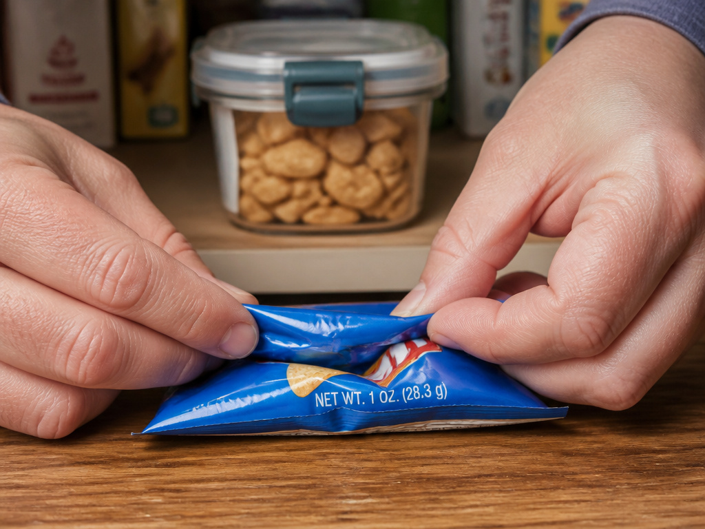 Small chip bag with insufficient plastic for a secure manual fold