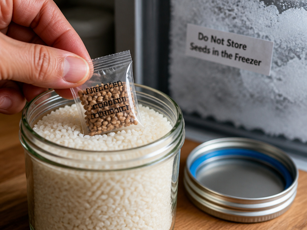 Storing seeds long-term in an airtight jar with desiccant, avoiding freezer mistakes.