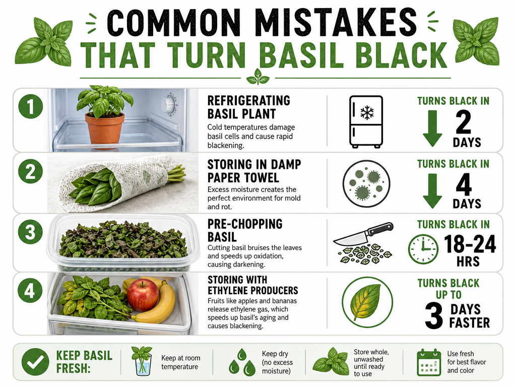 Infographic of four common mistakes for storing basil that cause blackening.