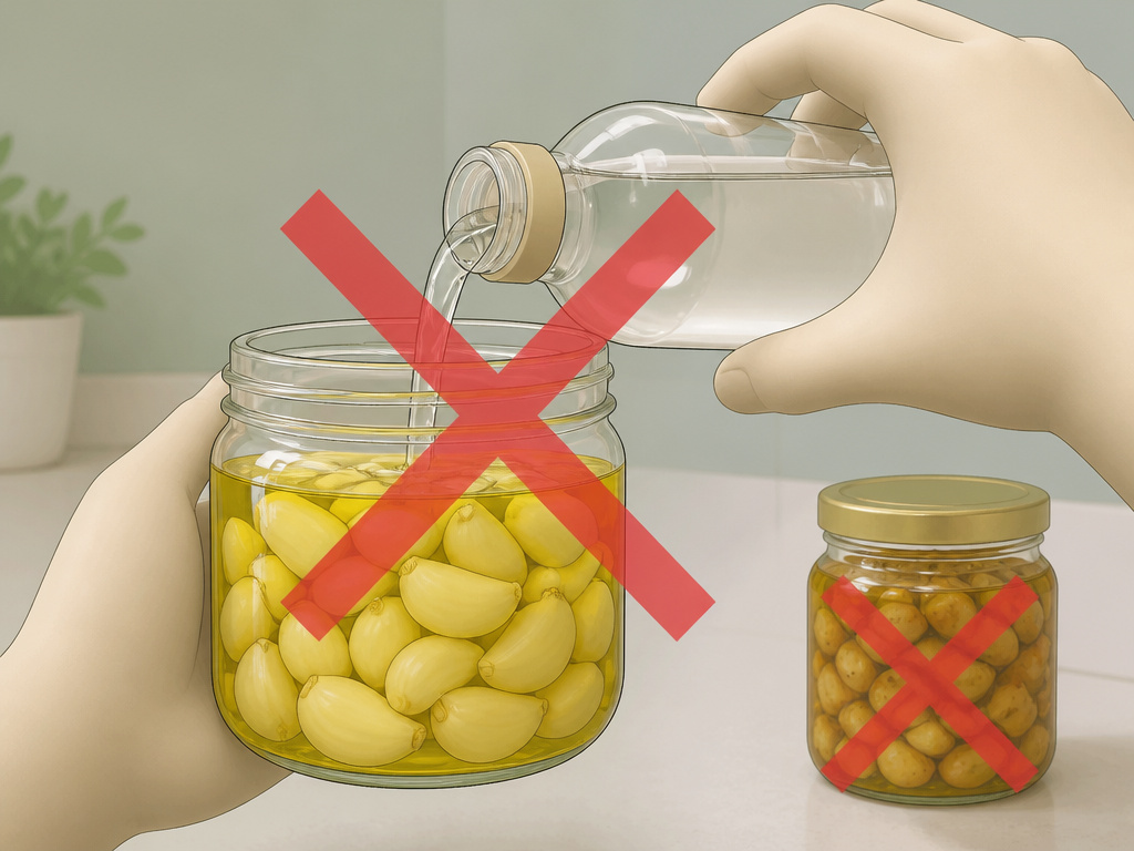 Common mistakes when preserving garlic in oil, like adding vinegar