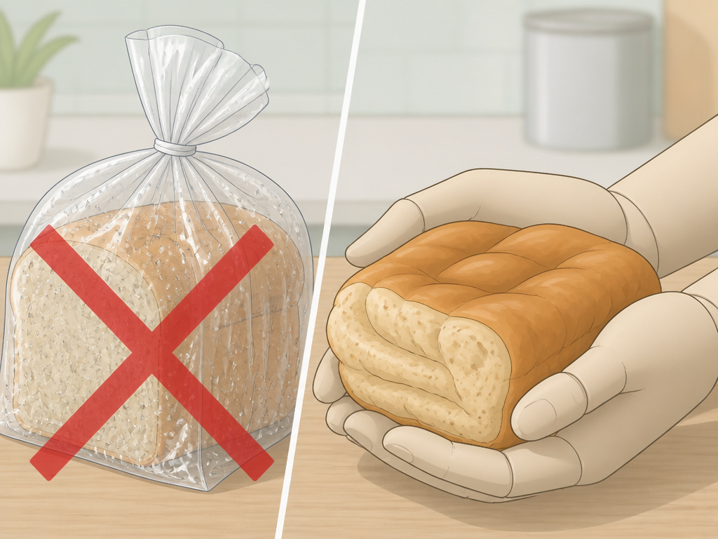 Common bread thawing mistake of leaving loaf in sealed bag, creating condensation.