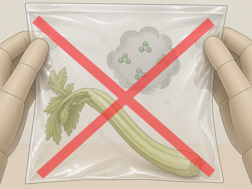 Celery wilting in a sealed plastic bag, illustrating improper storage.