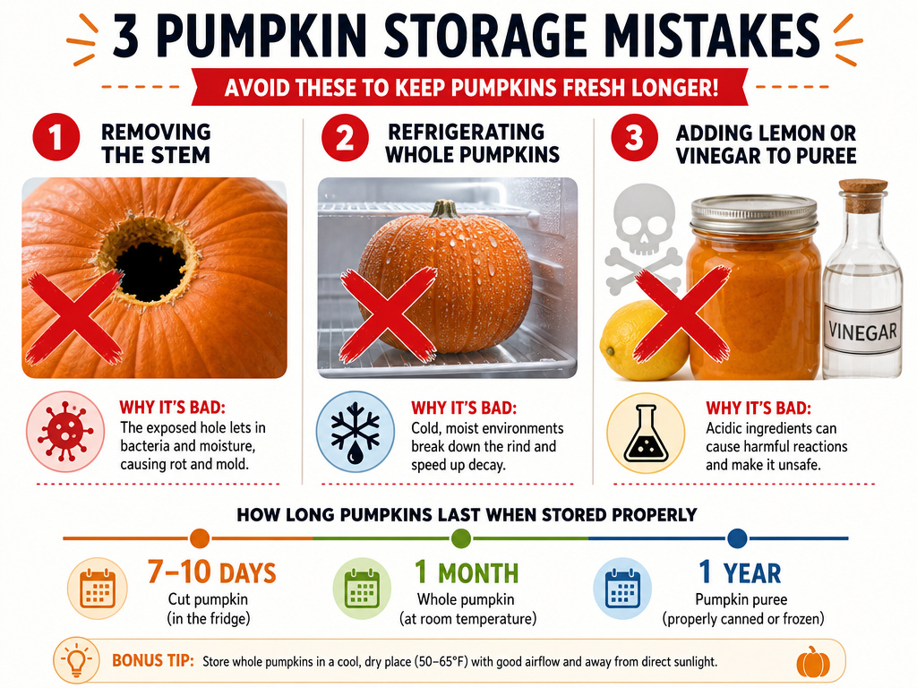 Three common mistakes that cause pumpkins to rot, illustrated with icons.
