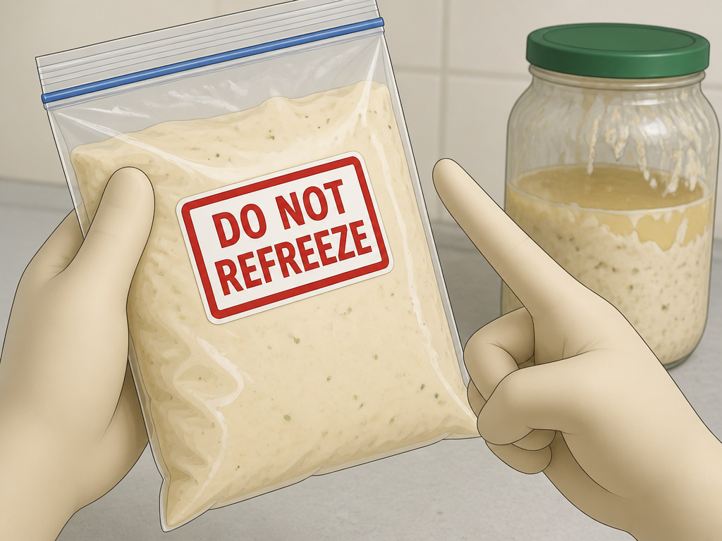 Hands pointing no at thawed Alfredo sauce with do not refreeze warning