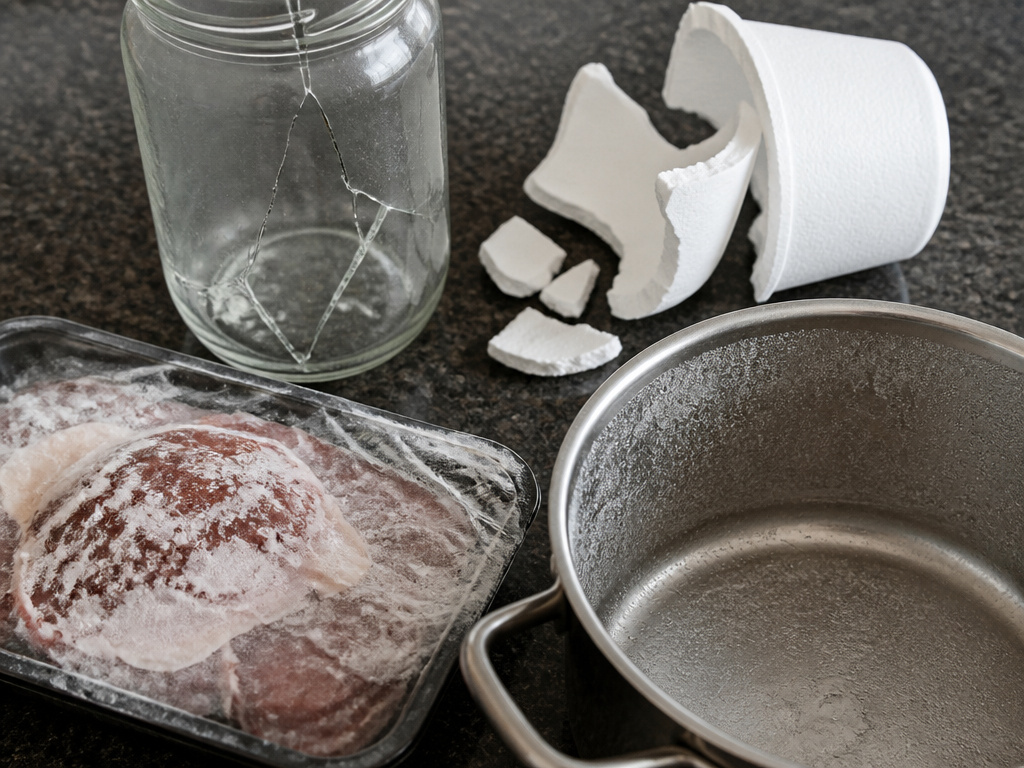 cracked glass, brittle plastic, and freezer-burned meat in unsafe containers