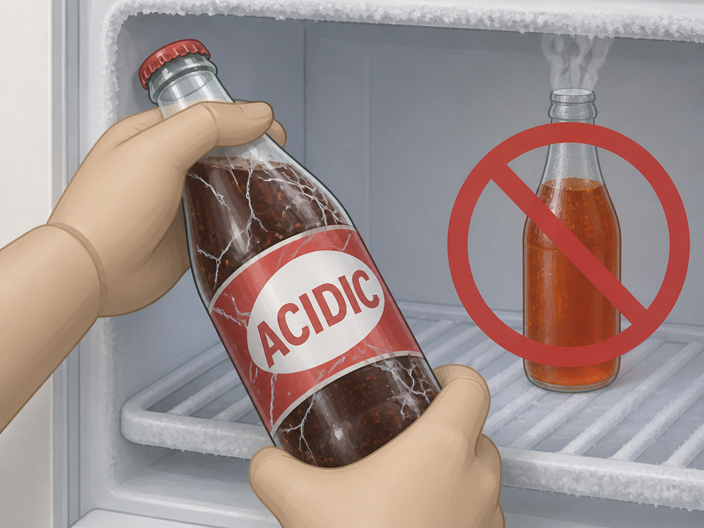 Glass soda bottle and hot liquid with warning symbols for freezer safety.