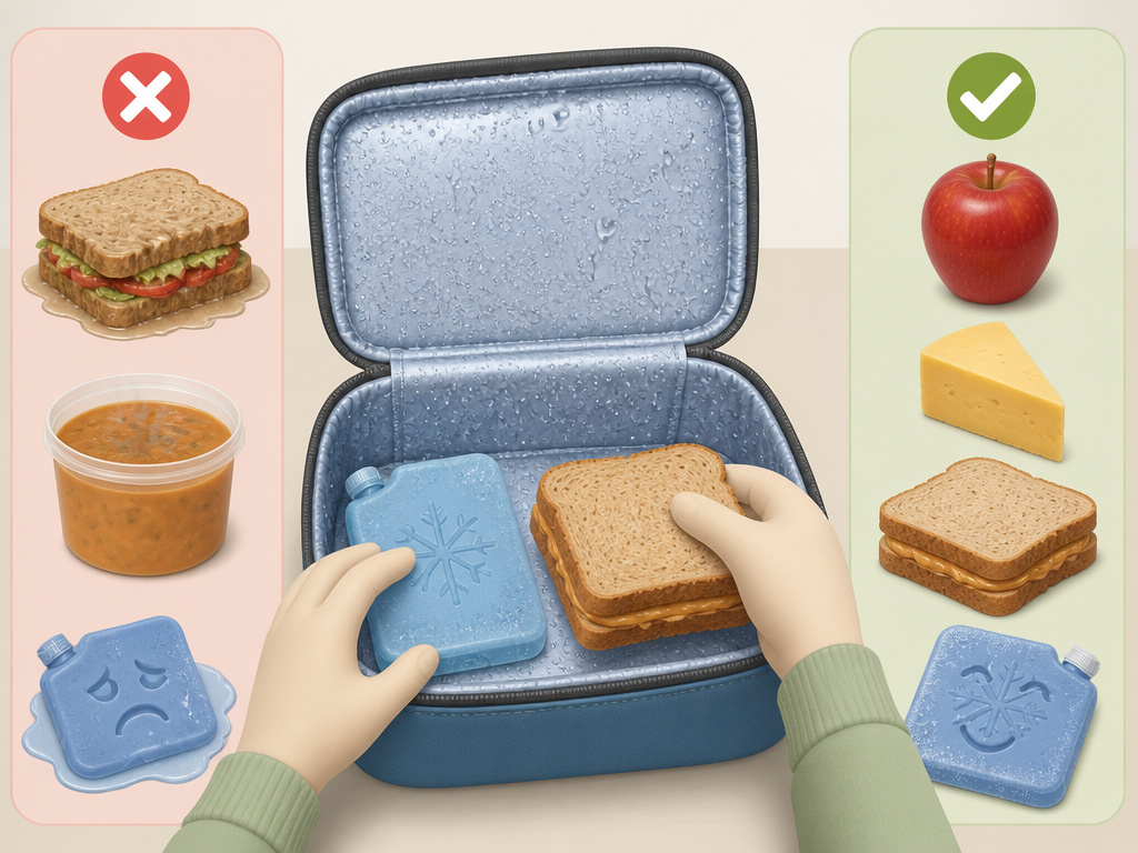 Cartoon diagram comparing foods to avoid and safe alternatives for a cold lunch box.