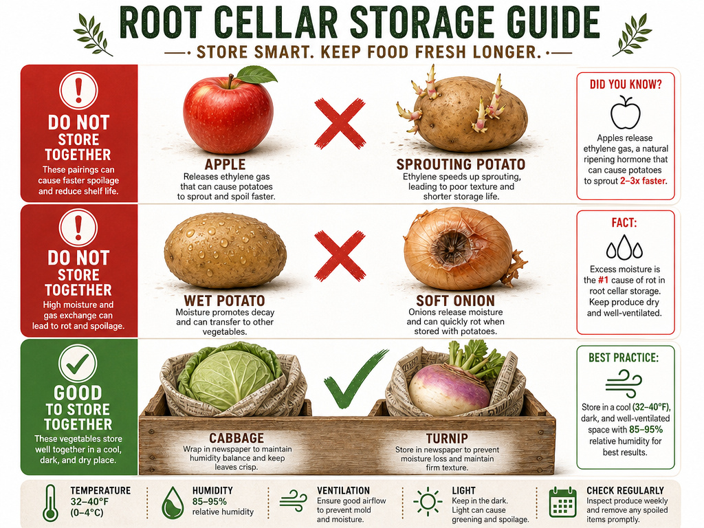 Infographic on root cellar vegetable separation to prevent spoilage from ethylene gas.