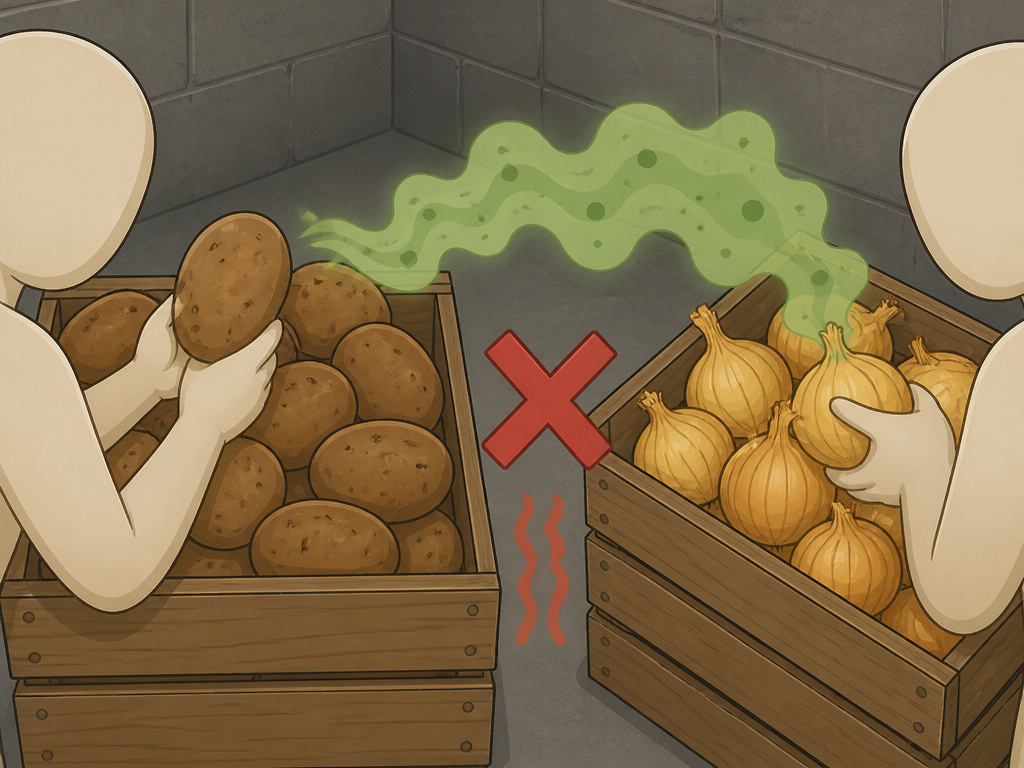 Onions and potatoes stored separately in a basement to prevent spoilage