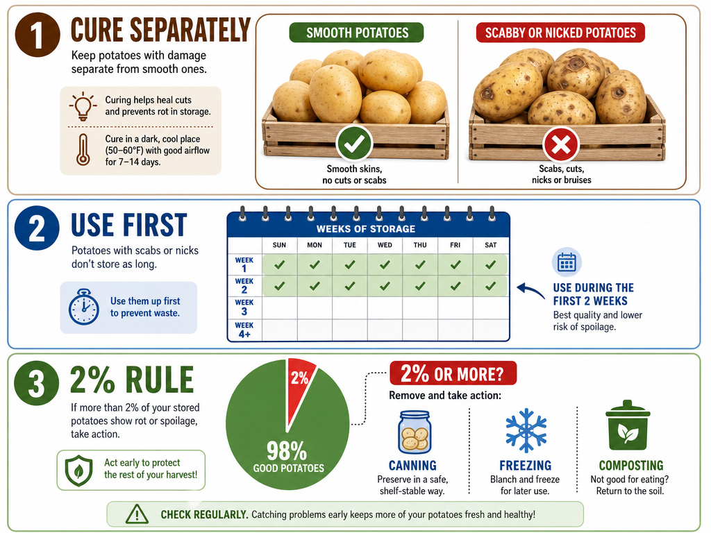 Infographic on handling damaged potatoes: separate curing, use first, and the 2% rule.