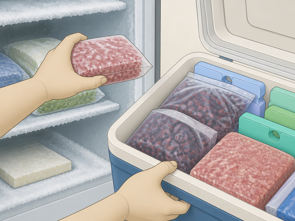 Hands moving frozen food from a freezer into a cooler for defrosting storage.