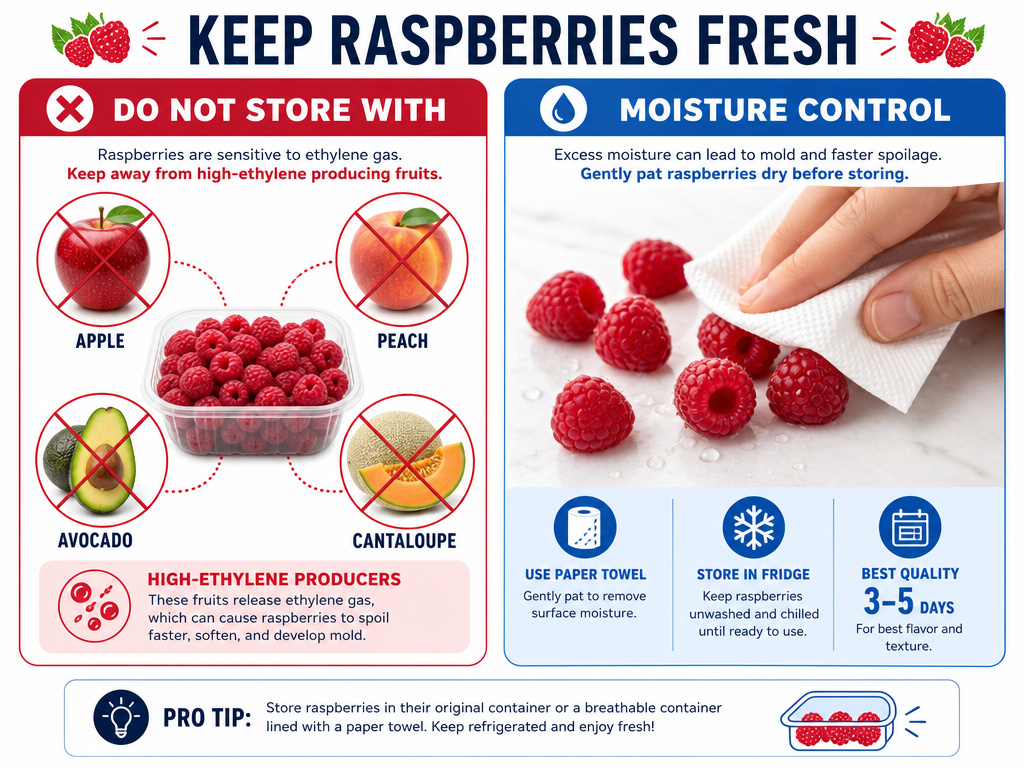 Infographic showing fruits to avoid and drying tips for storing raspberries.
