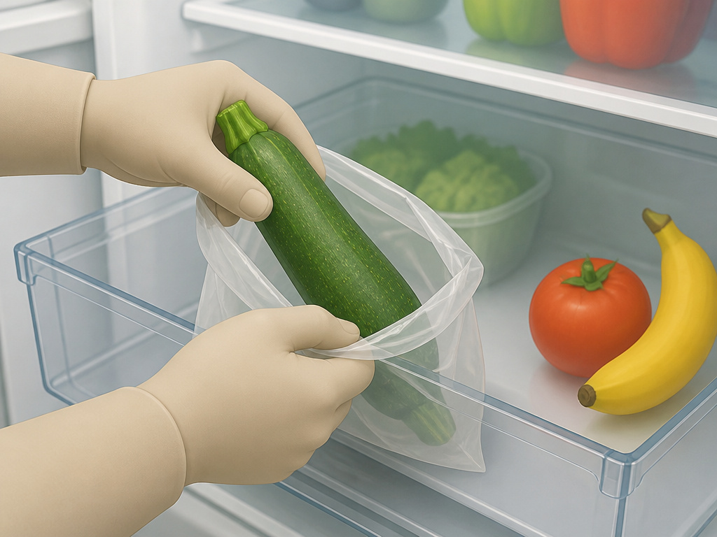 Storing zucchini in a plastic bag away from tomatoes and bananas in fridge
