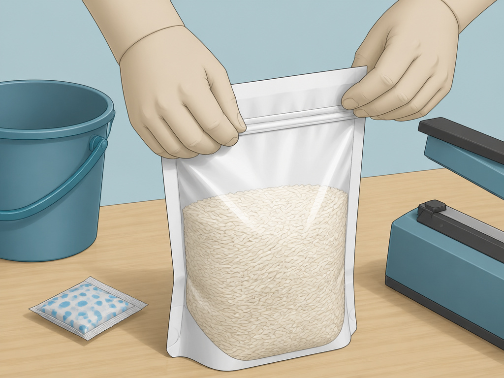 Hands sealing rice in a Mylar bag with oxygen absorbers for long-term storage.