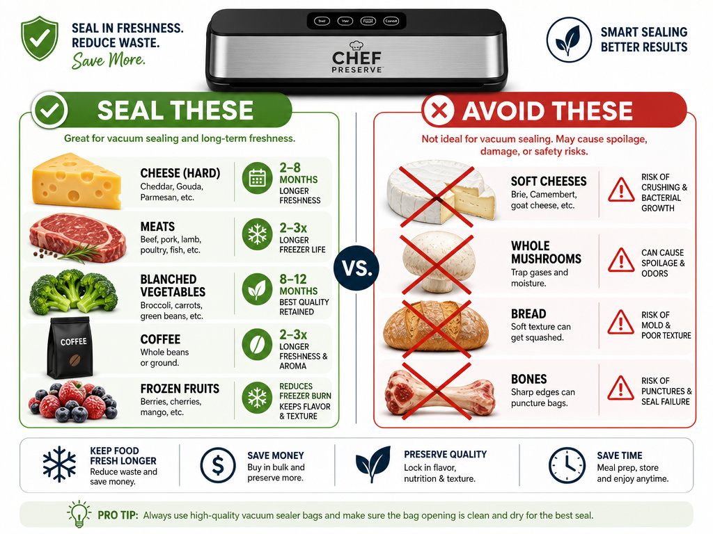 Infographic showing foods to vacuum seal and avoid with Chef Preserve sealer