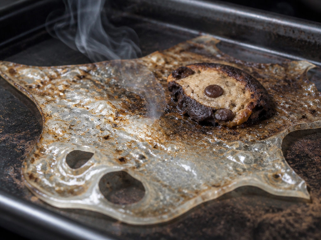 Melted freezer paper on a hot baking sheet, demonstrating improper oven use.
