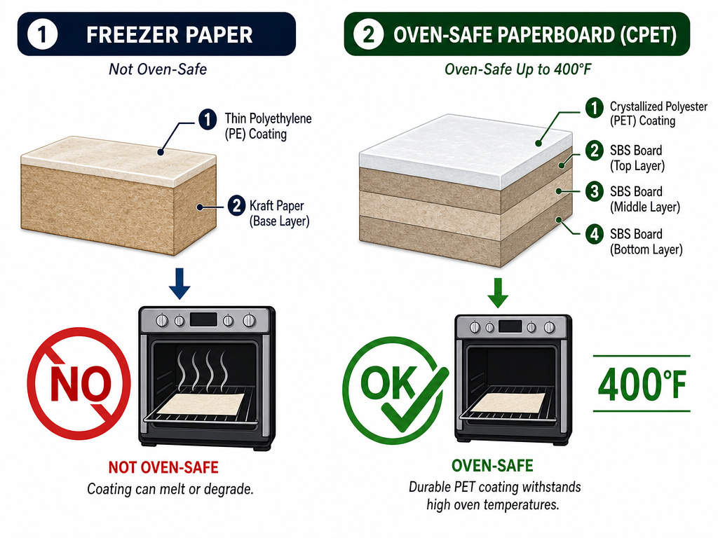Diagram comparing freezer paper vs oven-safe paperboard construction and heat tolerance.