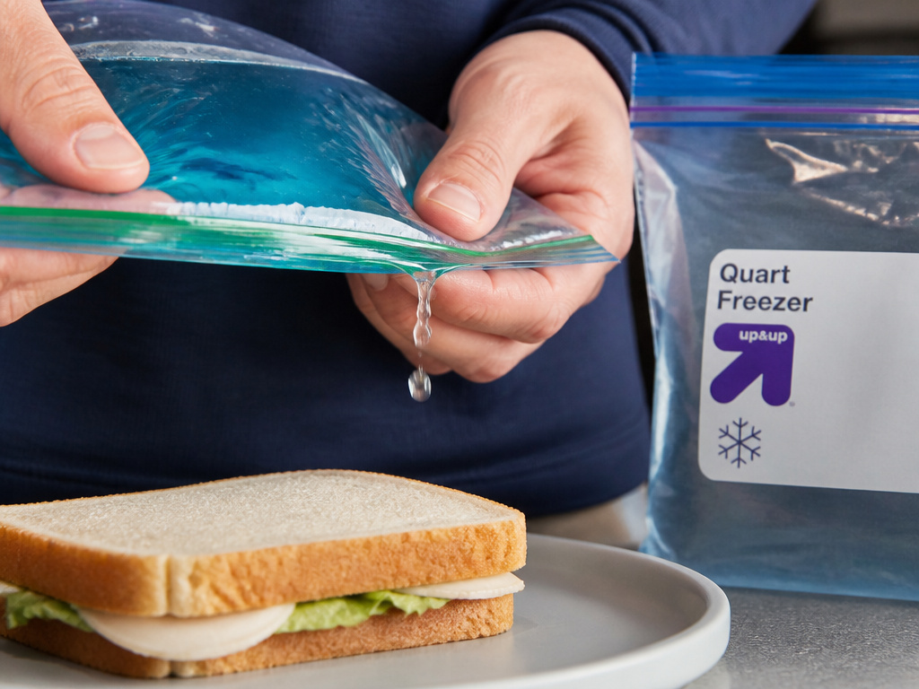 Sandwich bag leaking liquid compared to a quart freezer bag for storage