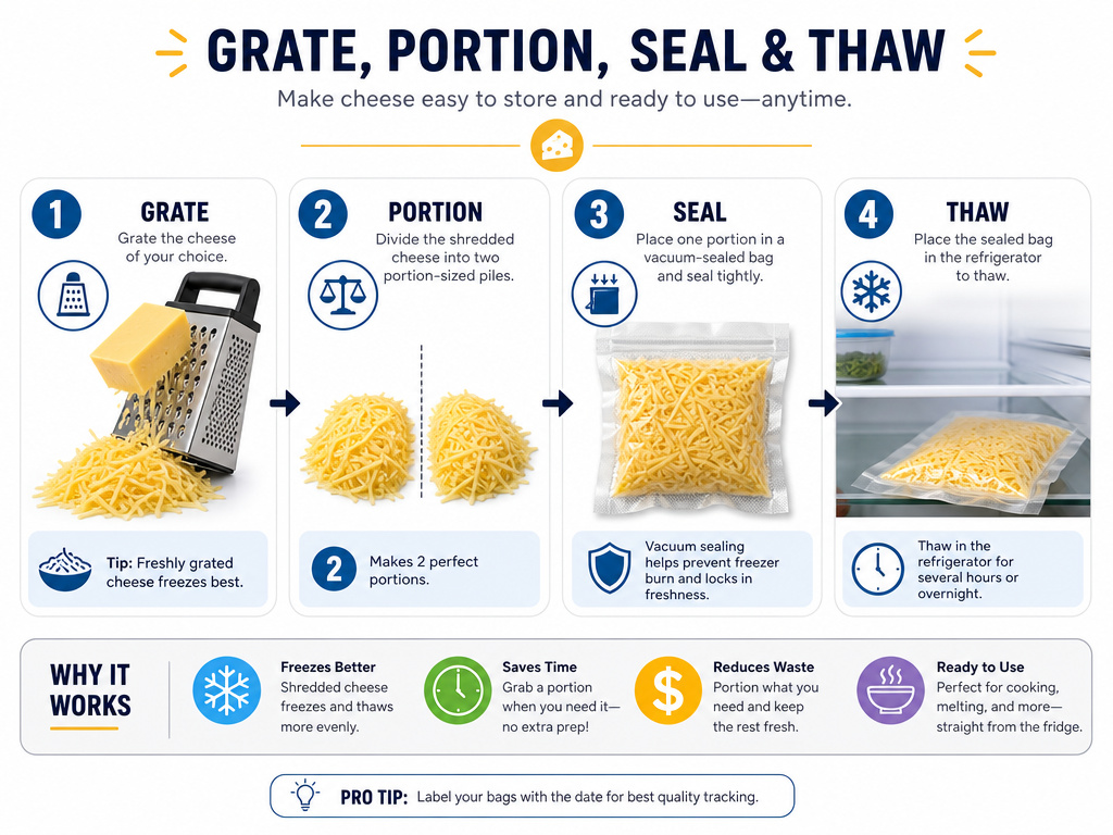 Four-step infographic on how to properly freeze cheese to minimize damage