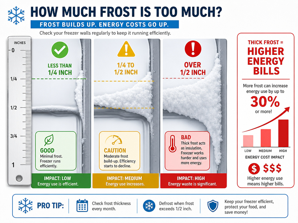 Infographic showing frost thickness levels and when to defrost a freezer.