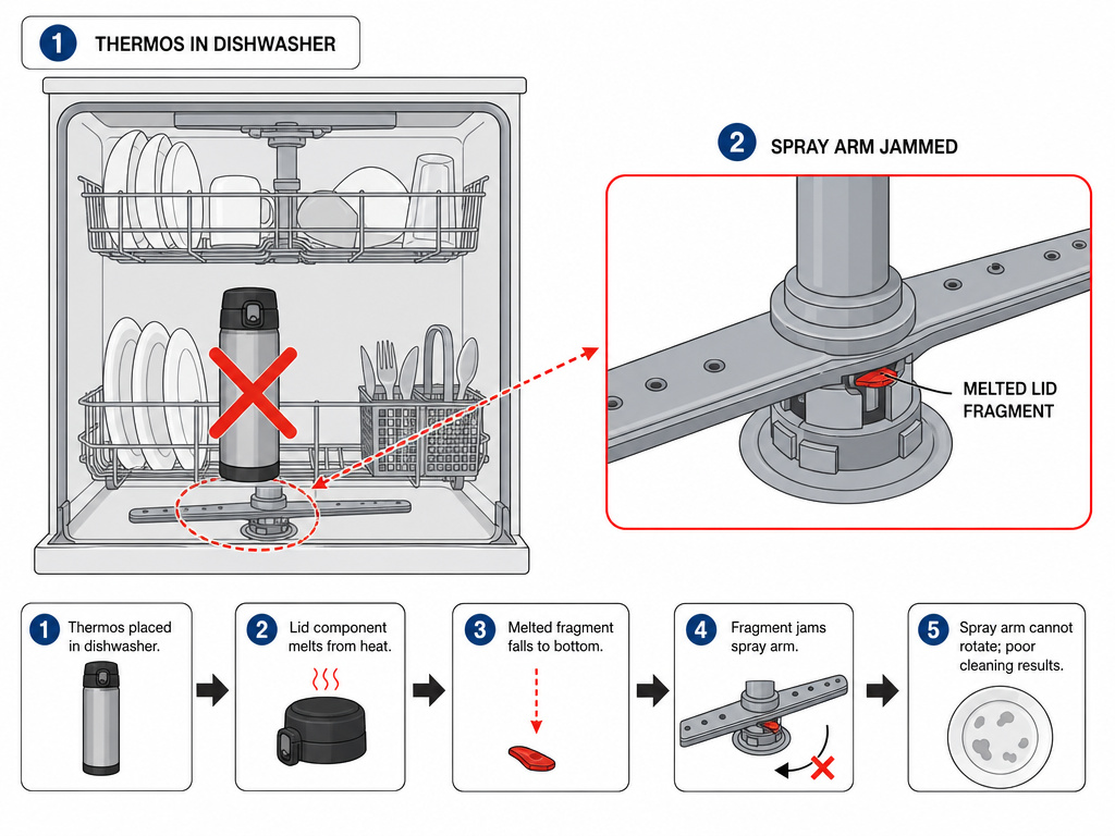Diagram of a thermos causing dishwasher damage by jamming a spray arm.