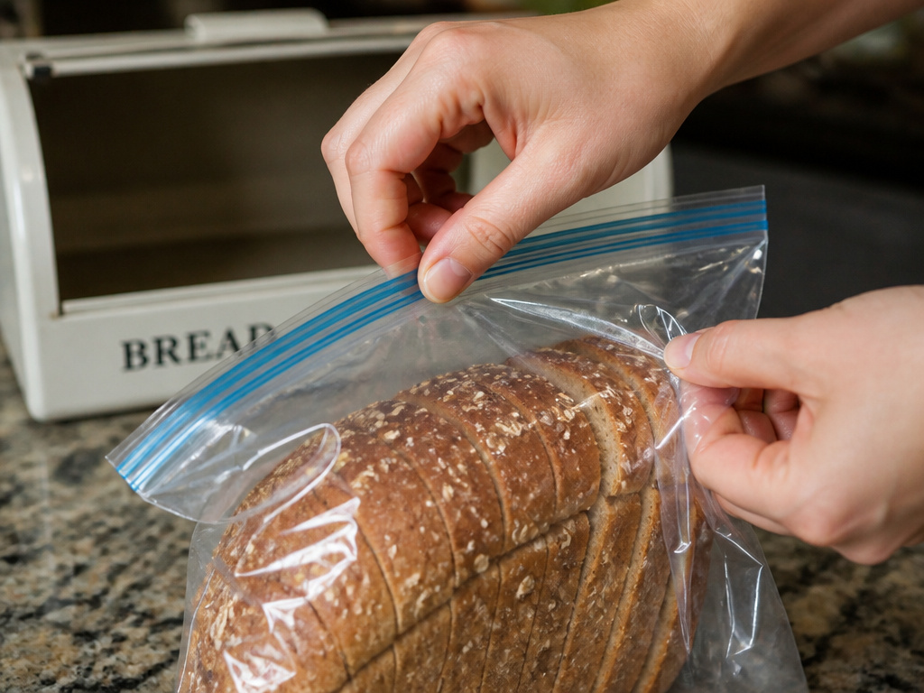 Sliced bread being sealed in a freezer bag next to an empty bread box.