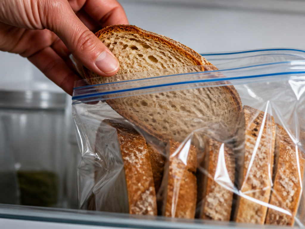 Storing pre-sliced sourdough bread in a sealed plastic bag inside a refrigerator.