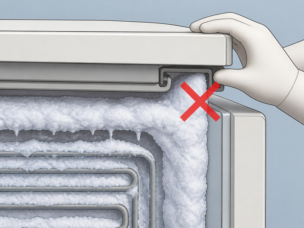 Diagram showing how thick frost prevents a chest freezer lid from sealing properly.