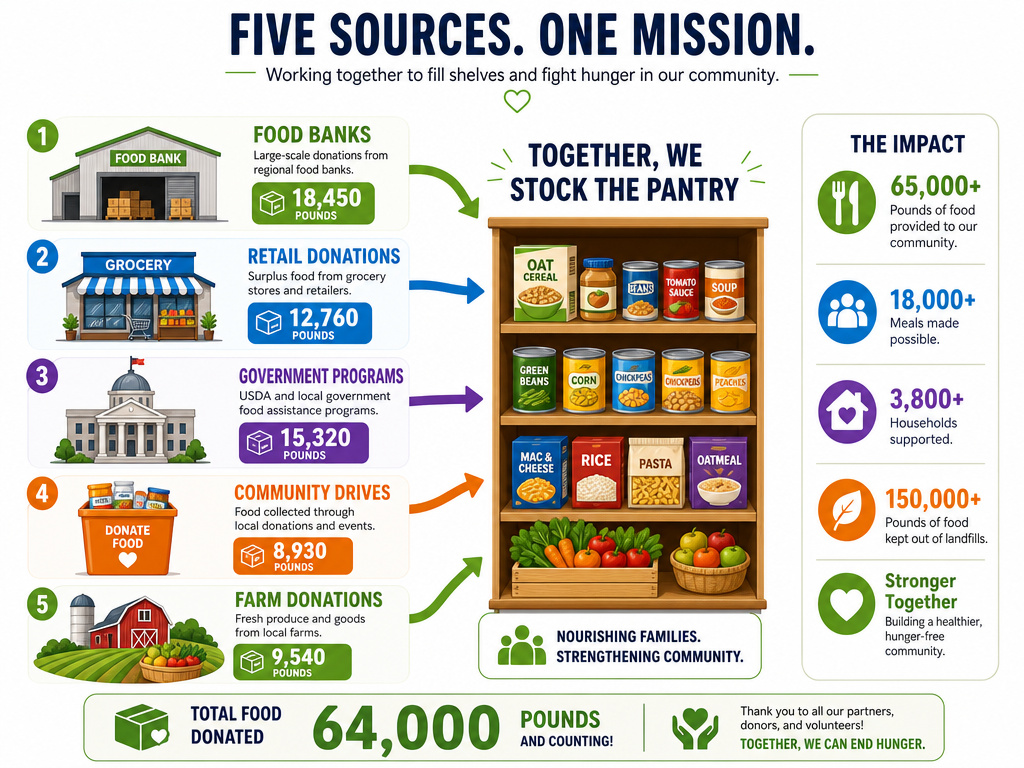 Infographic showing the five primary food sources for a community food pantry.